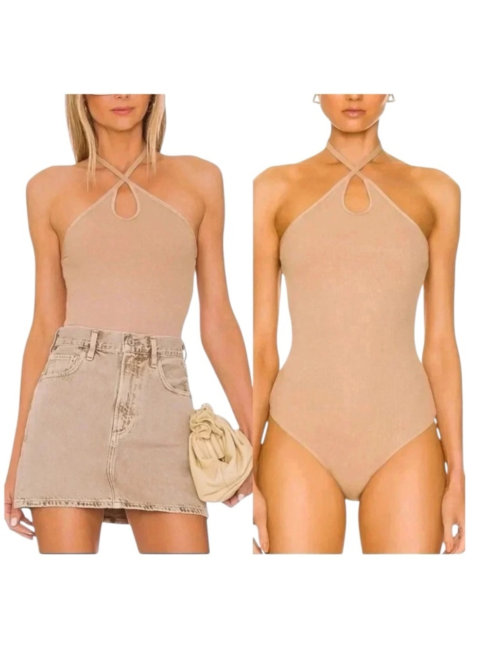 Enza Costa Silk Blend Ribbed Keyhole Halter Bodysuit Oat Milk L